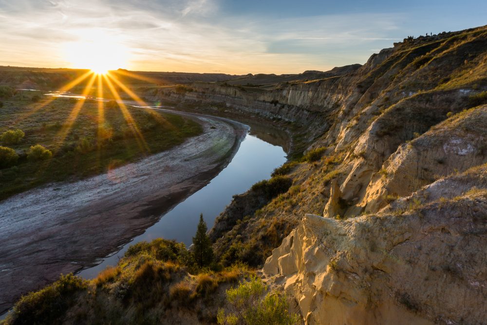 Theodore Roosevelt National Park at sunrise, Hoodoos, ND, USA, Landscape Wall Art, Ready to hang, Amazing Landscape Mountains store and grass, sun